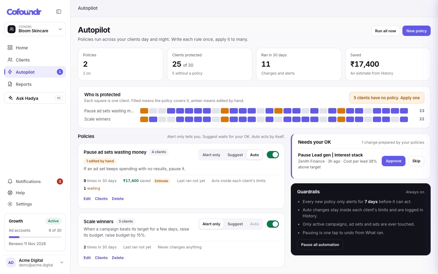 Cofoundr Autopilot: policies for many clients, who is protected, what needs your OK and what ran