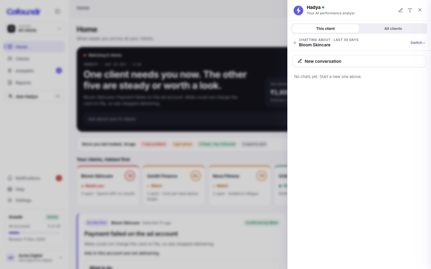Hadya, the AI analyst inside Cofoundr, open next to the Home page