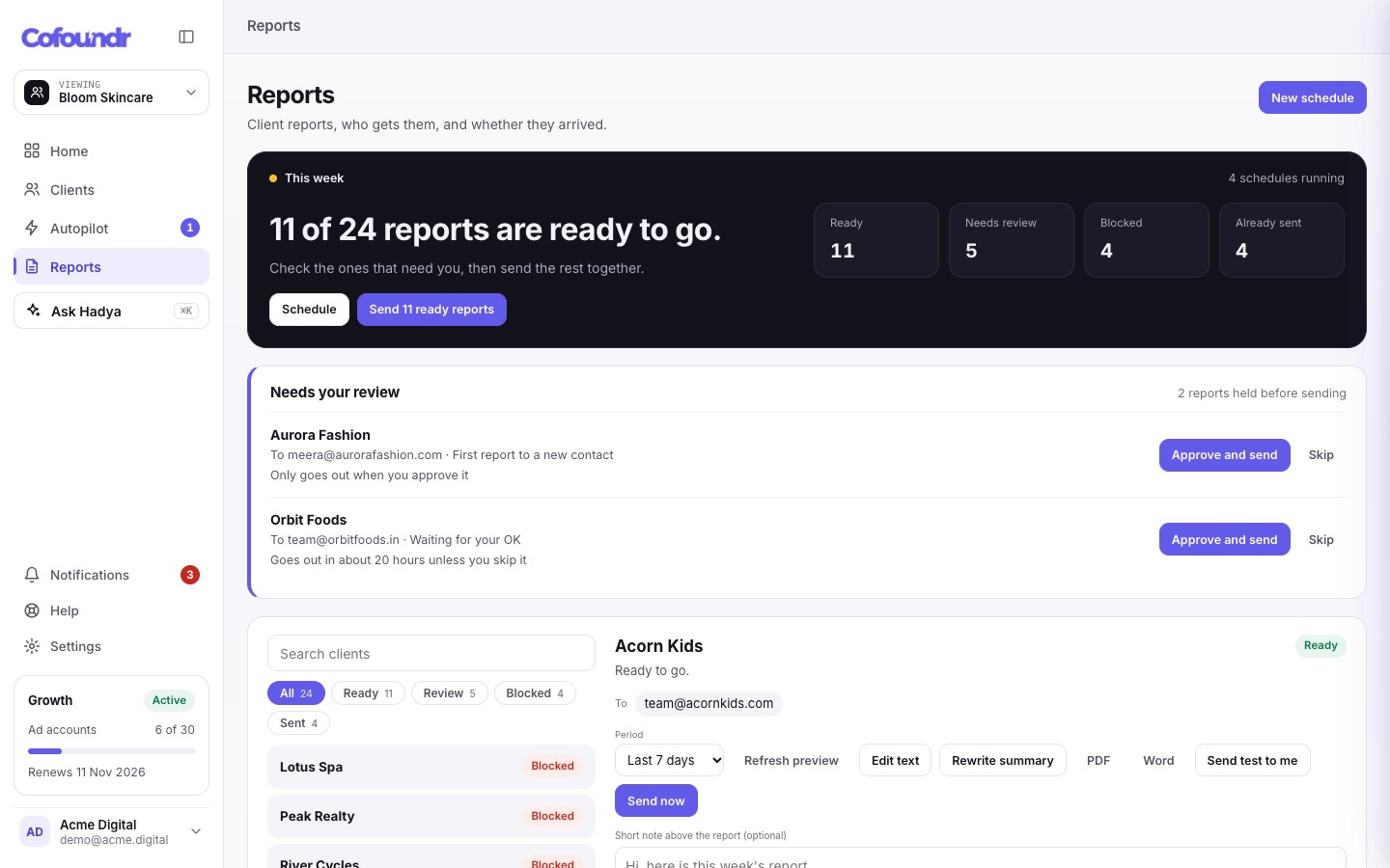 Cofoundr Reports: which reports are ready, a client report preview and the review queue