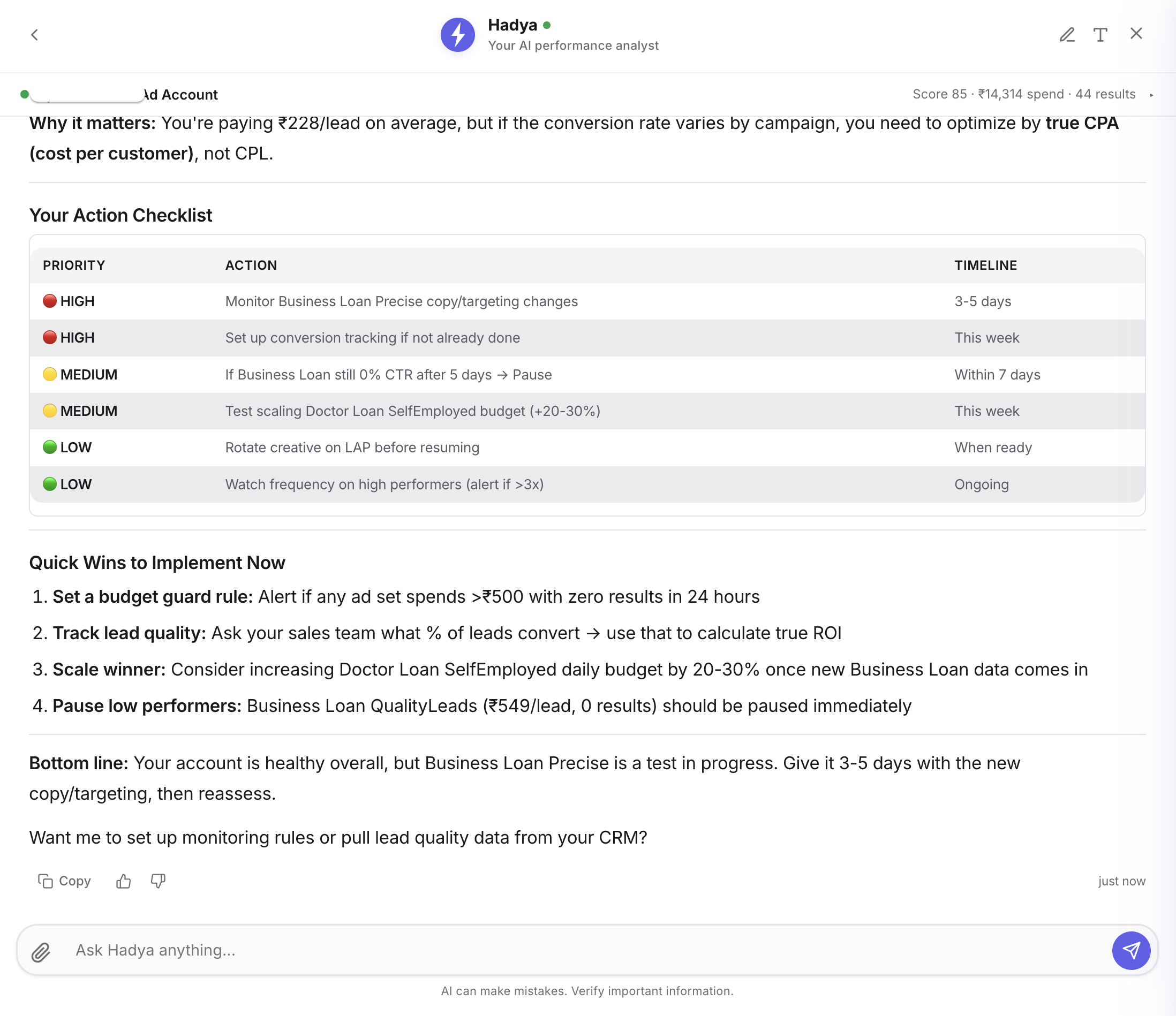 Hadya AI analyst showing action checklist with priority recommendations for the finance ad account